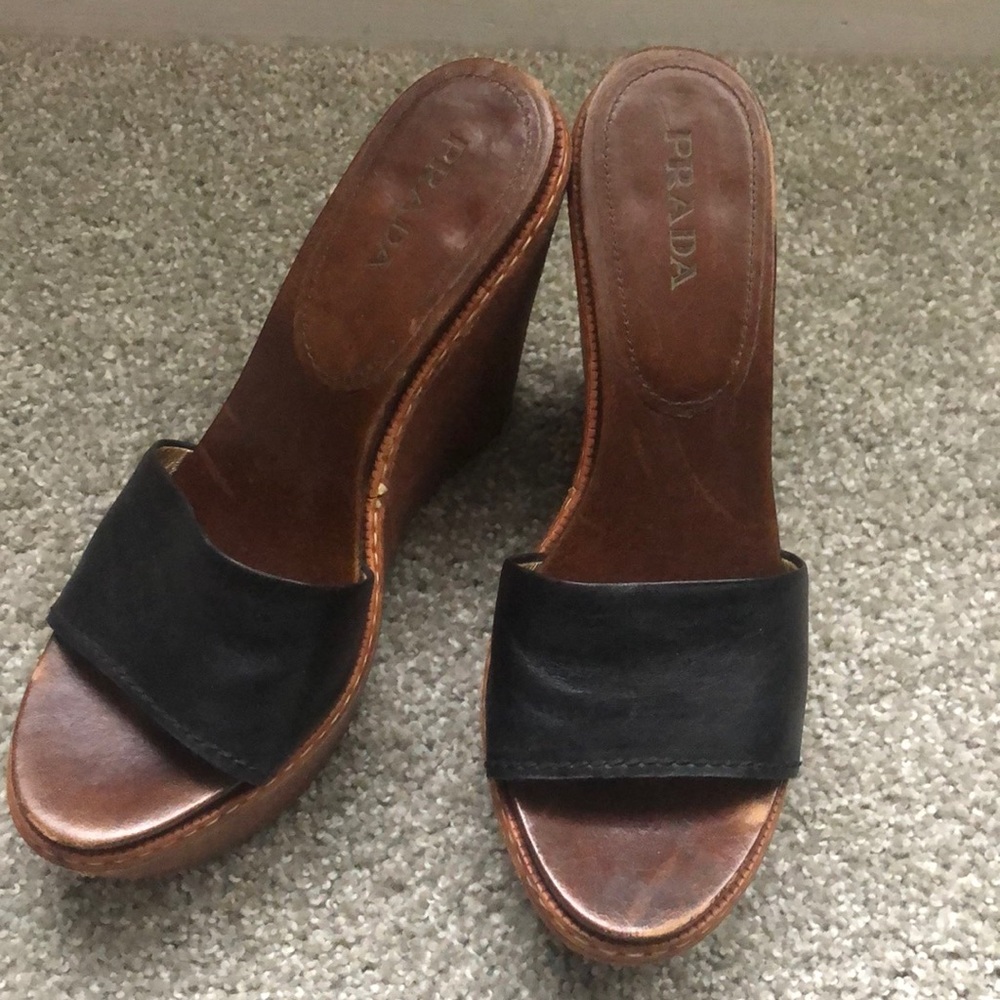 Prada Black Leather and Brown Wood Wedge Slides